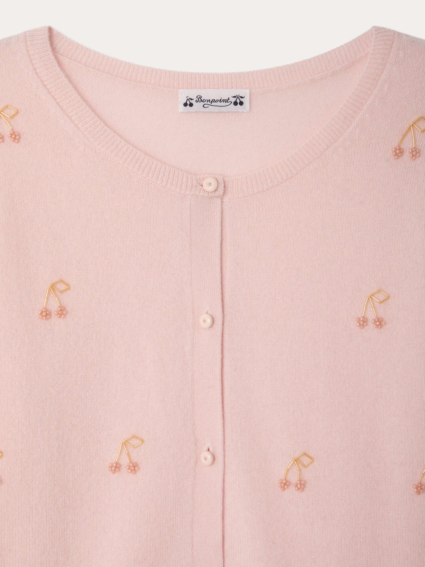 Marisha Grown-Up pink cashmere cardigan with hand-embroidered cherries and pearls