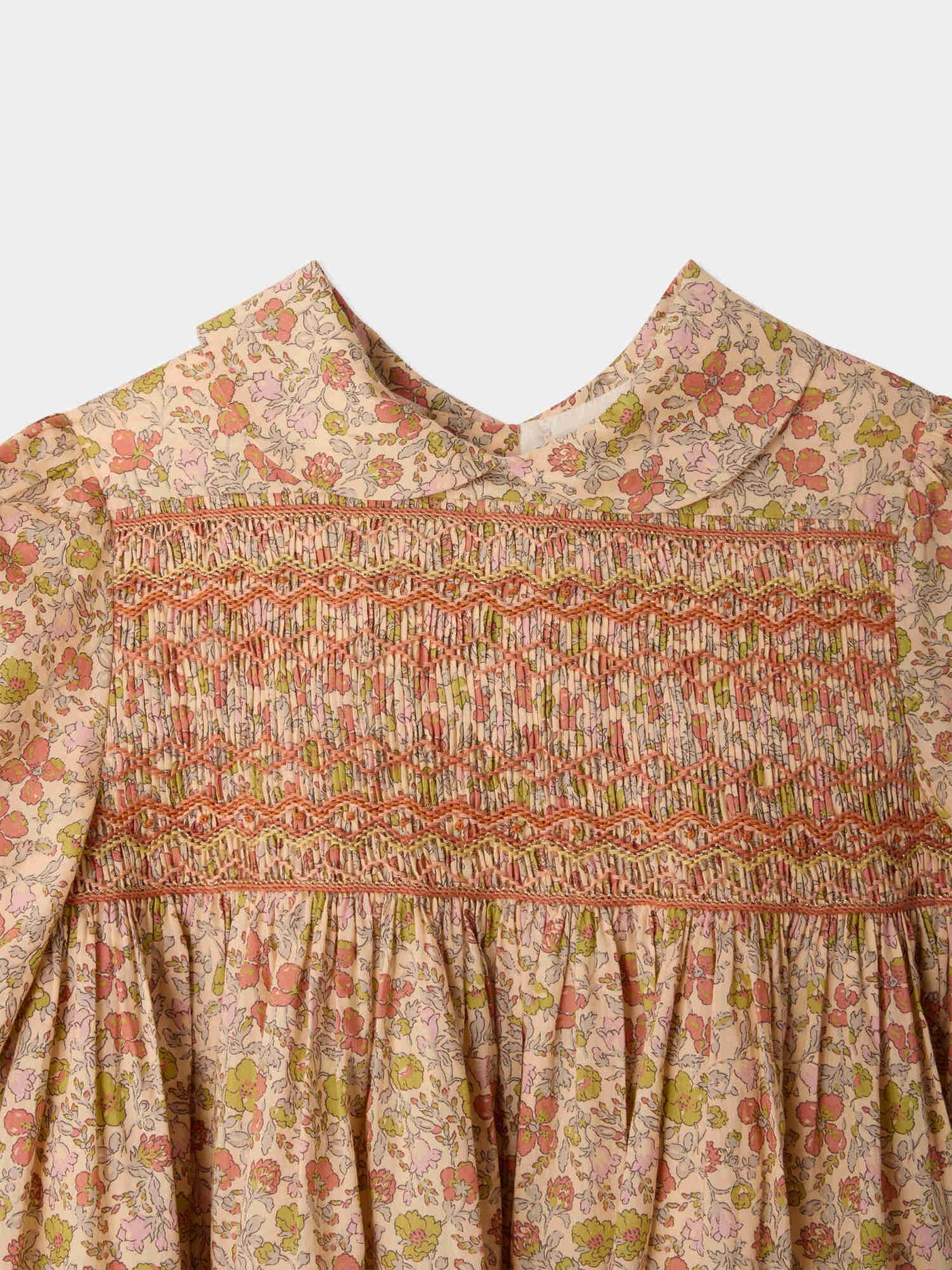 Melodia dress in Liberty fabric smocked and hand-embroidered in organic cotton
