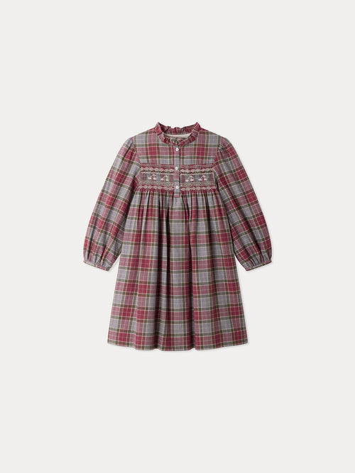 Maddalina checked smocked and hand-embroidered dress
