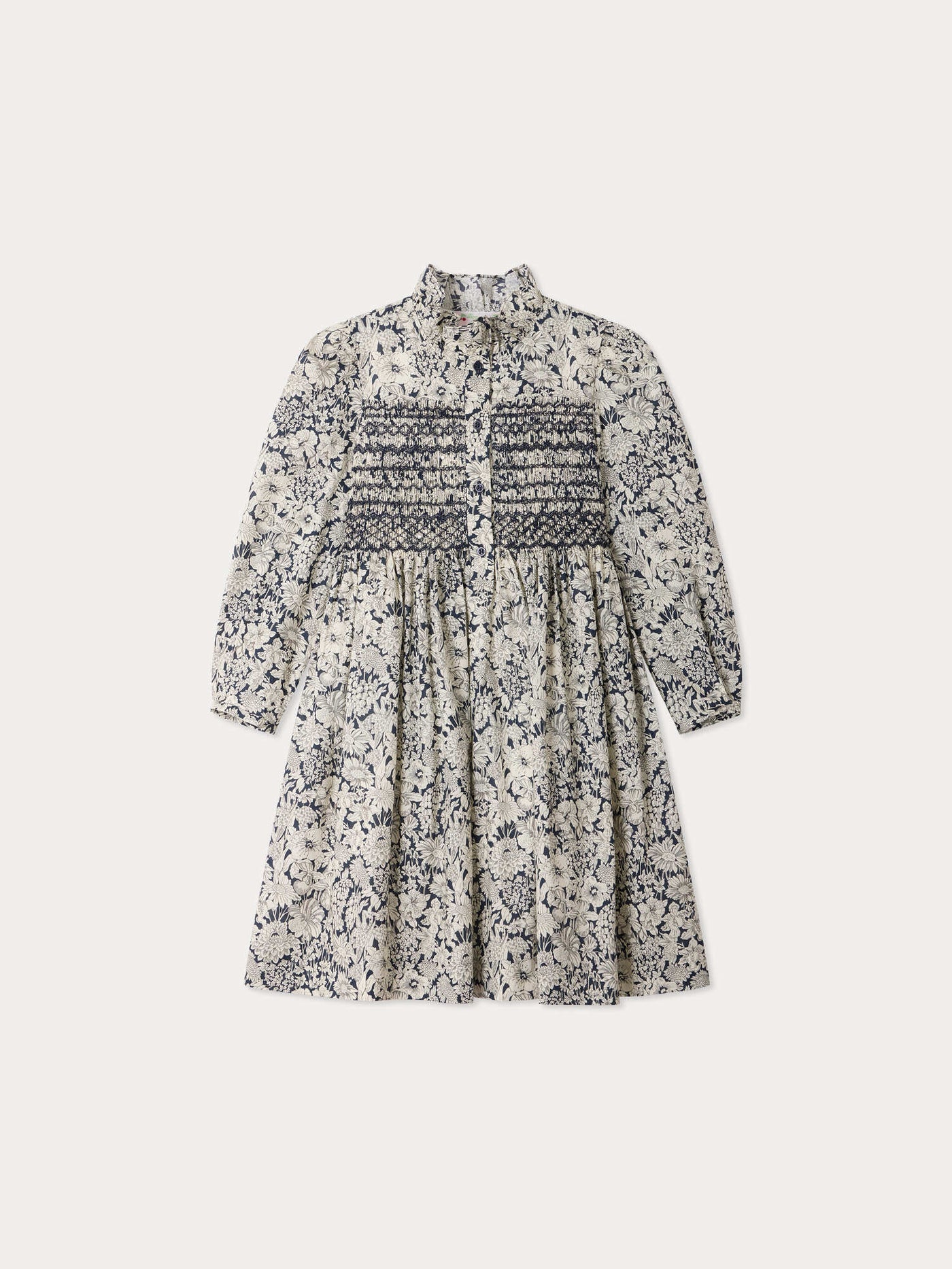 Dress Marjolaine in Liberty fabric smocked and hand-embroidered in organic cotton
