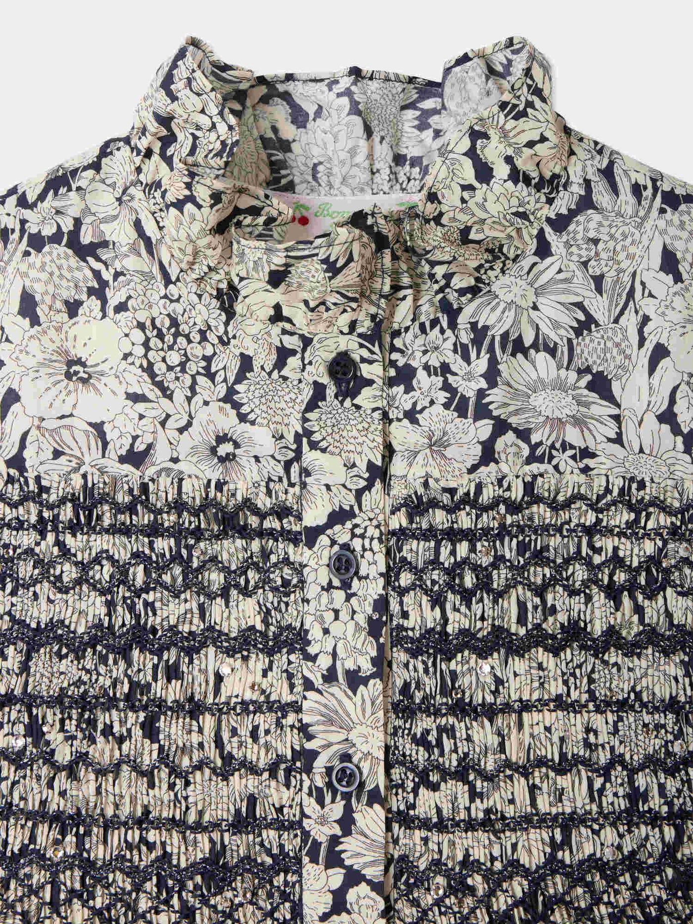 Dress Marjolaine in Liberty fabric smocked and hand-embroidered in organic cotton