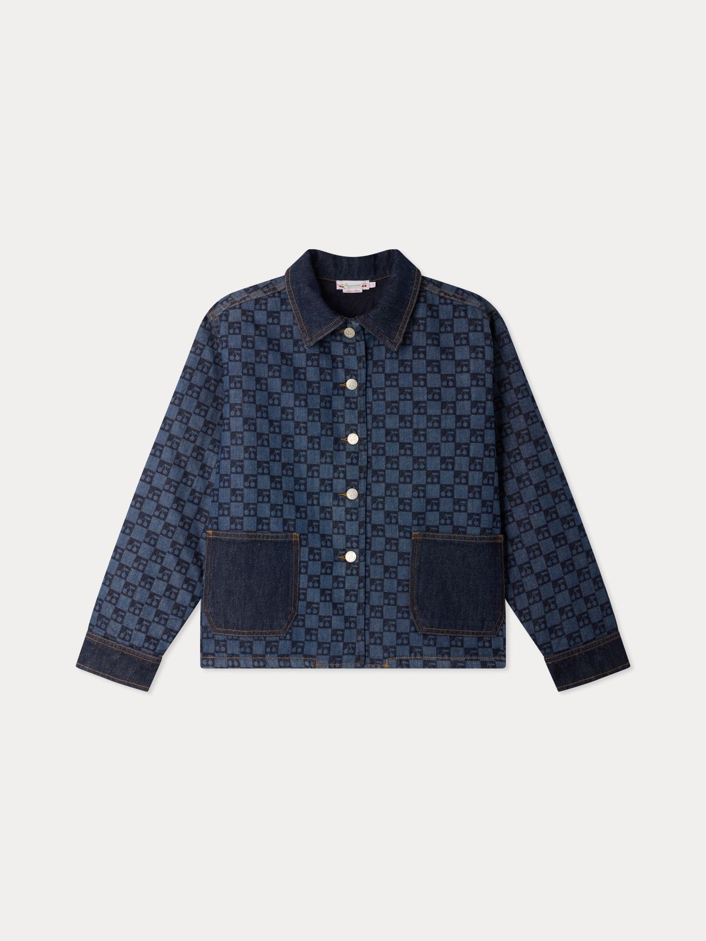 Marity Grown-Up padded jacket with Peter Pan collar and cherry check print in organic cotton