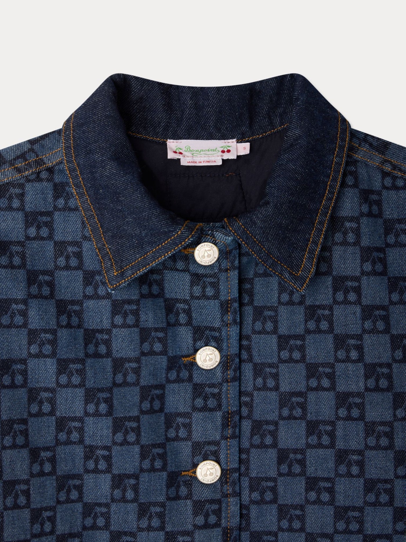 Marity Grown-Up padded jacket with Peter Pan collar and cherry check print in organic cotton
