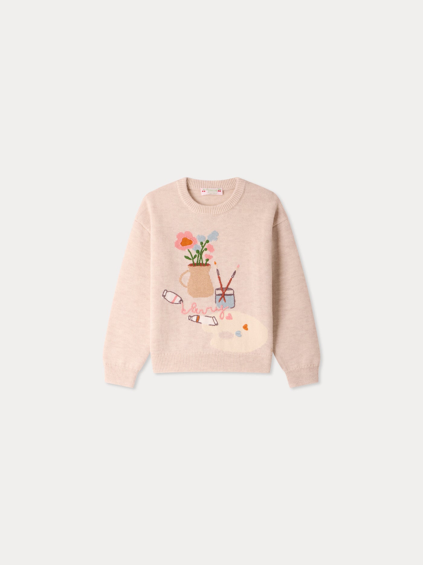 Tahini sweater with hand embroidered painter's workshop