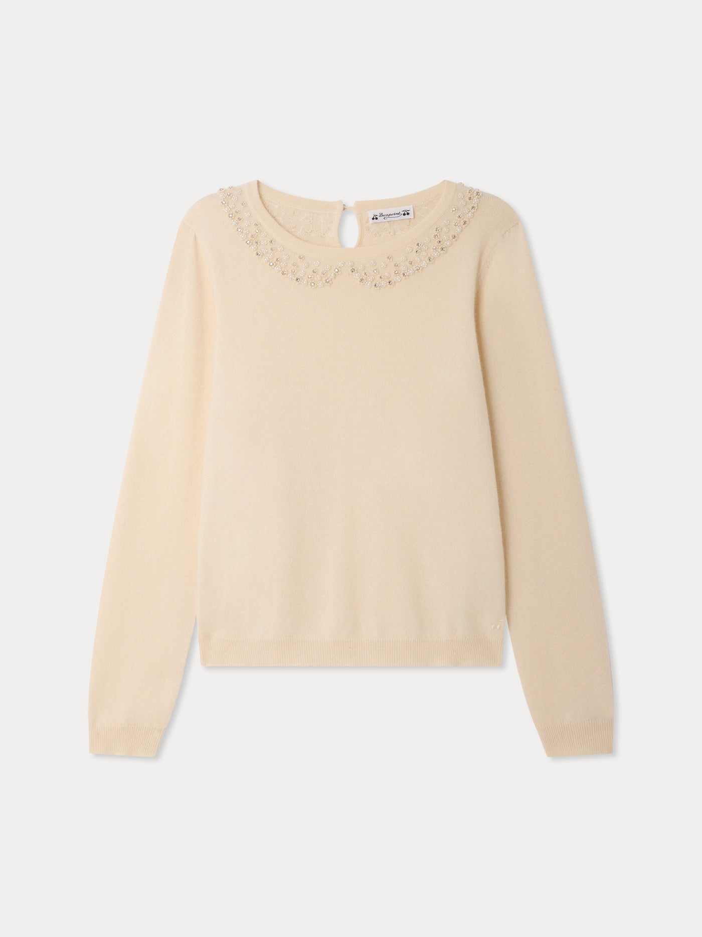 Maonie Grown-Up cashmere sweater with mock collar and hand-embroidered pearls