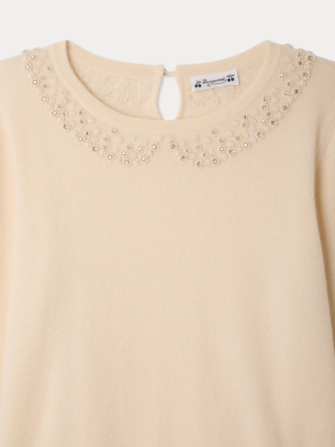 Maonie Grown-Up cashmere sweater with mock collar and hand-embroidered pearls