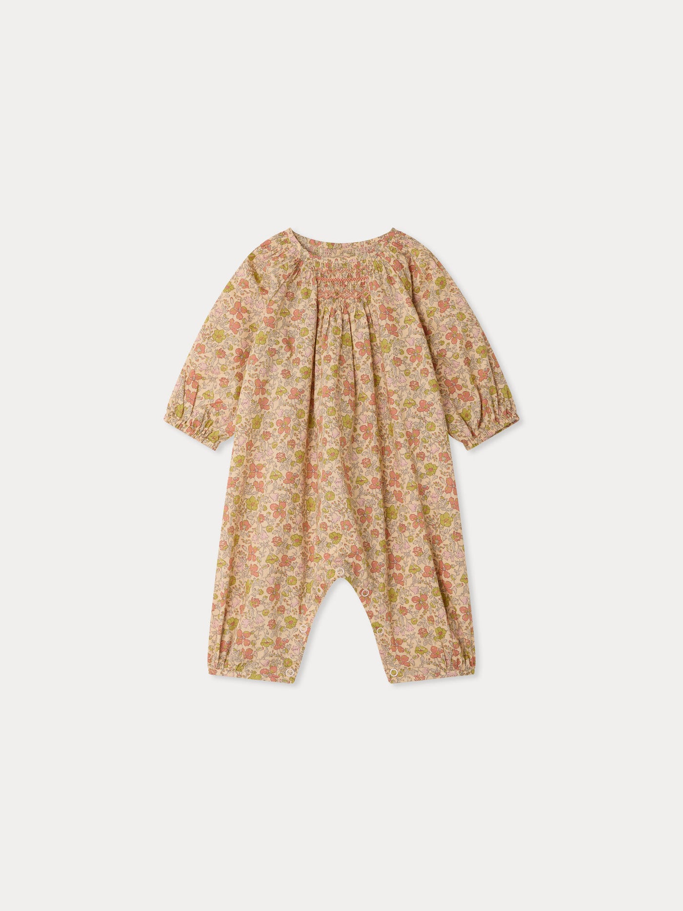 Jia playsuit in smocked and hand-embroidered Liberty organic cotton fabric