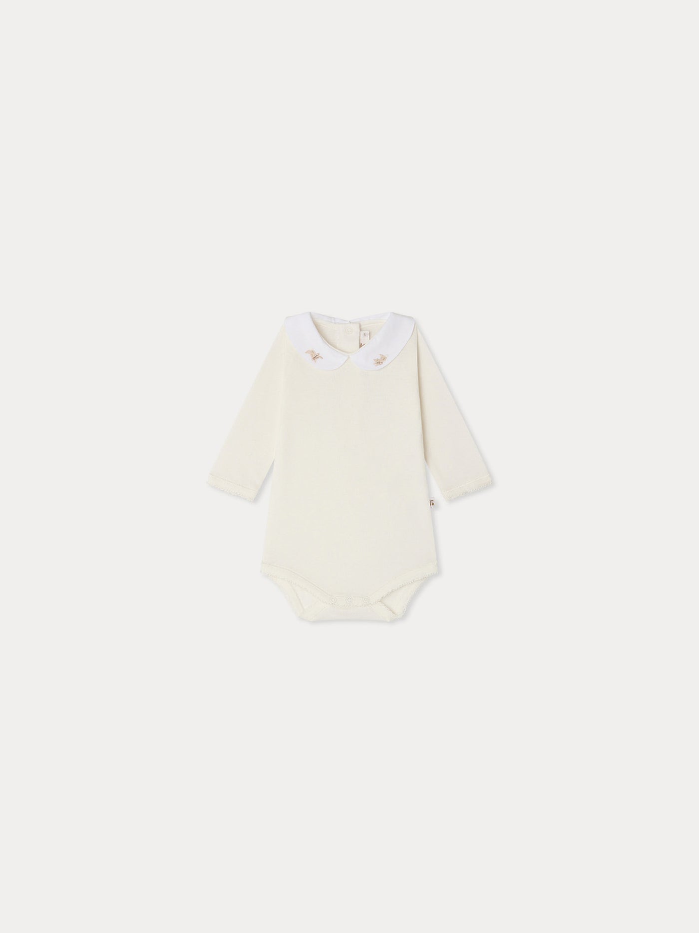 Cygne bodysuit with hand-embroidered rabbit collar in organic cotton