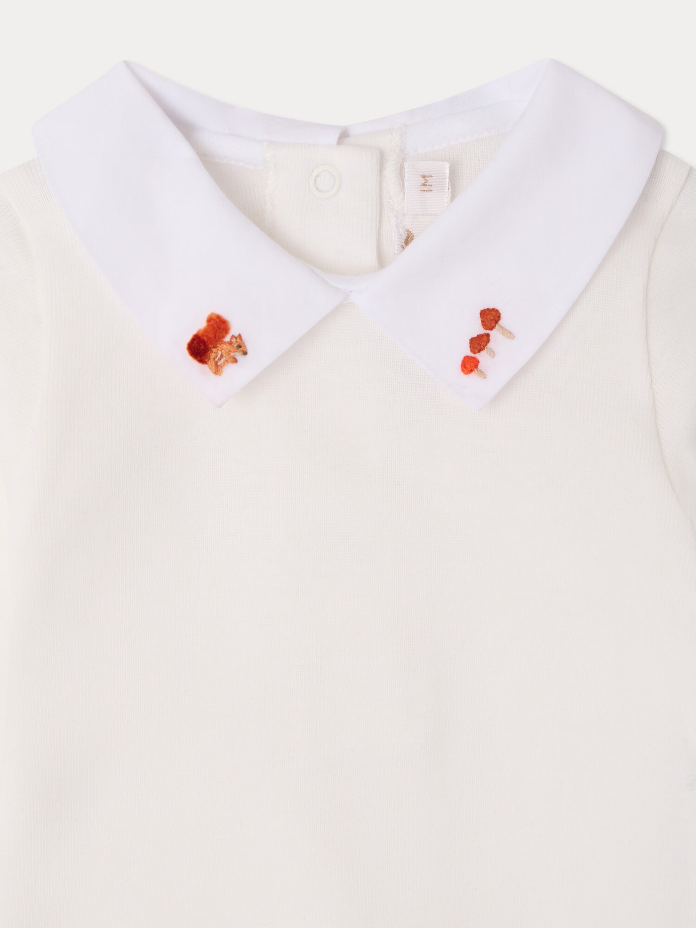 Septembre bodysuit with hand-embroidered squirrel collar in organic cotton