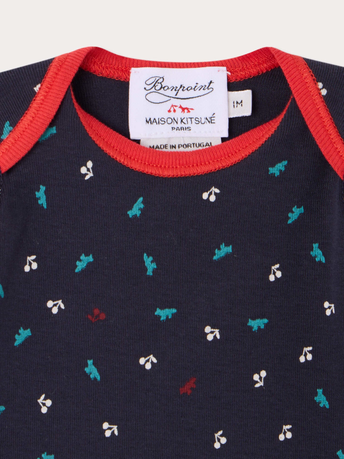 Bonpoint x Maison Kitsuné Timi set with cherry and fox print in organic cotton