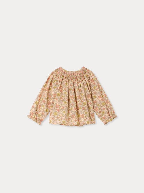 Griotte baby blouse in Liberty fabric smocked and hand-embroidered in organic cotton