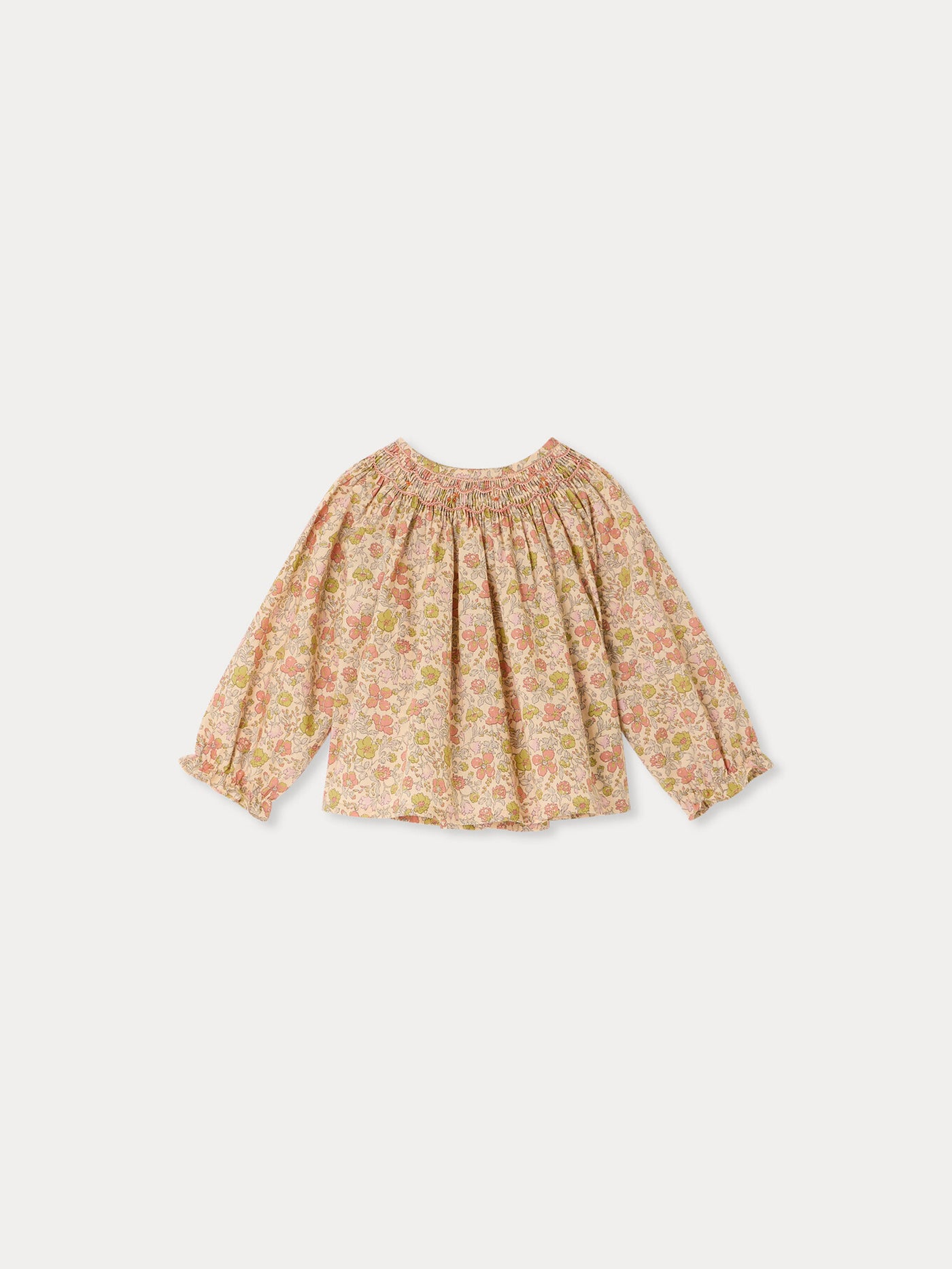 Griotte baby blouse in Liberty fabric smocked and hand-embroidered in organic cotton