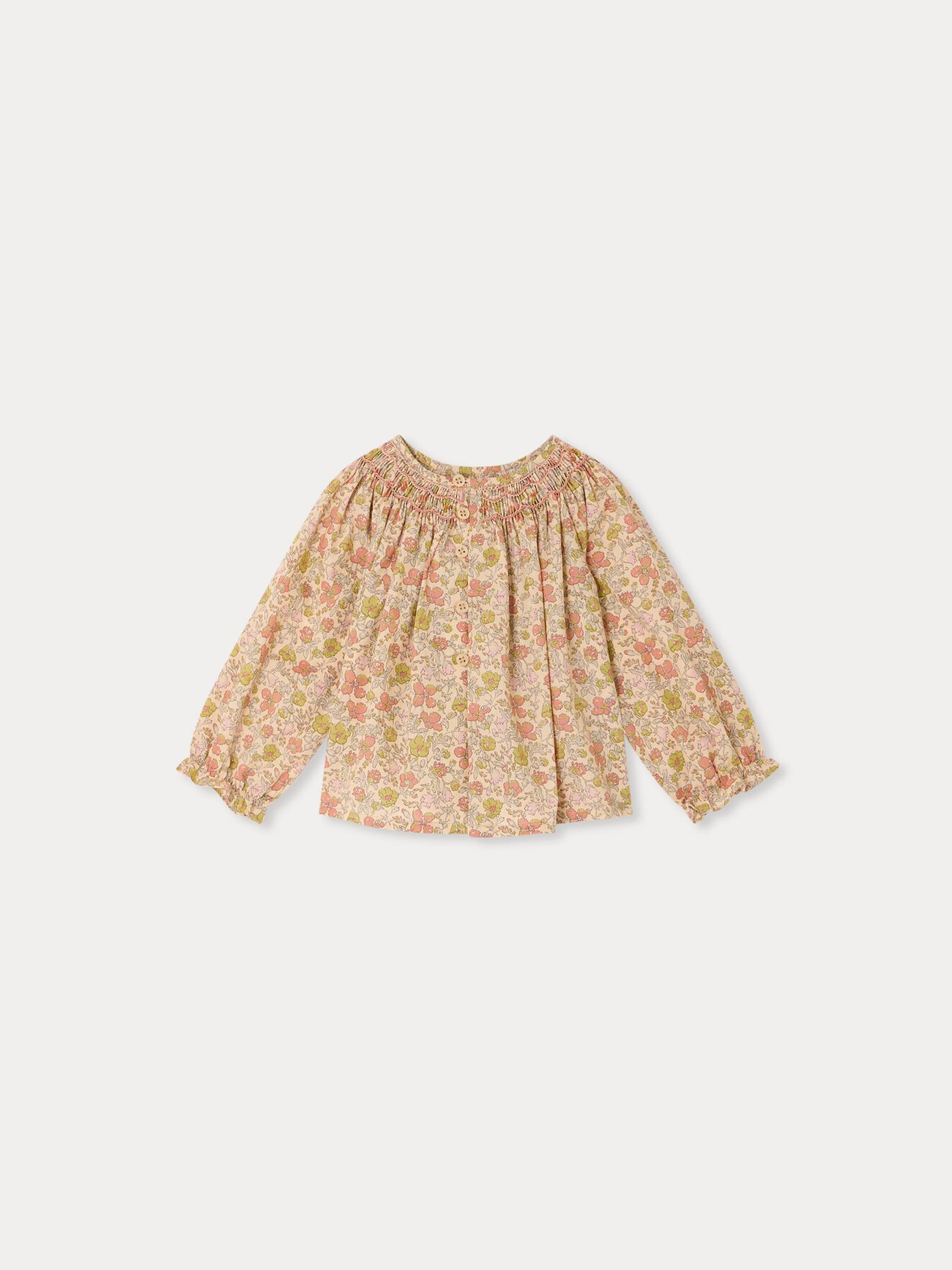 Griotte baby blouse in Liberty fabric smocked and hand-embroidered in organic cotton