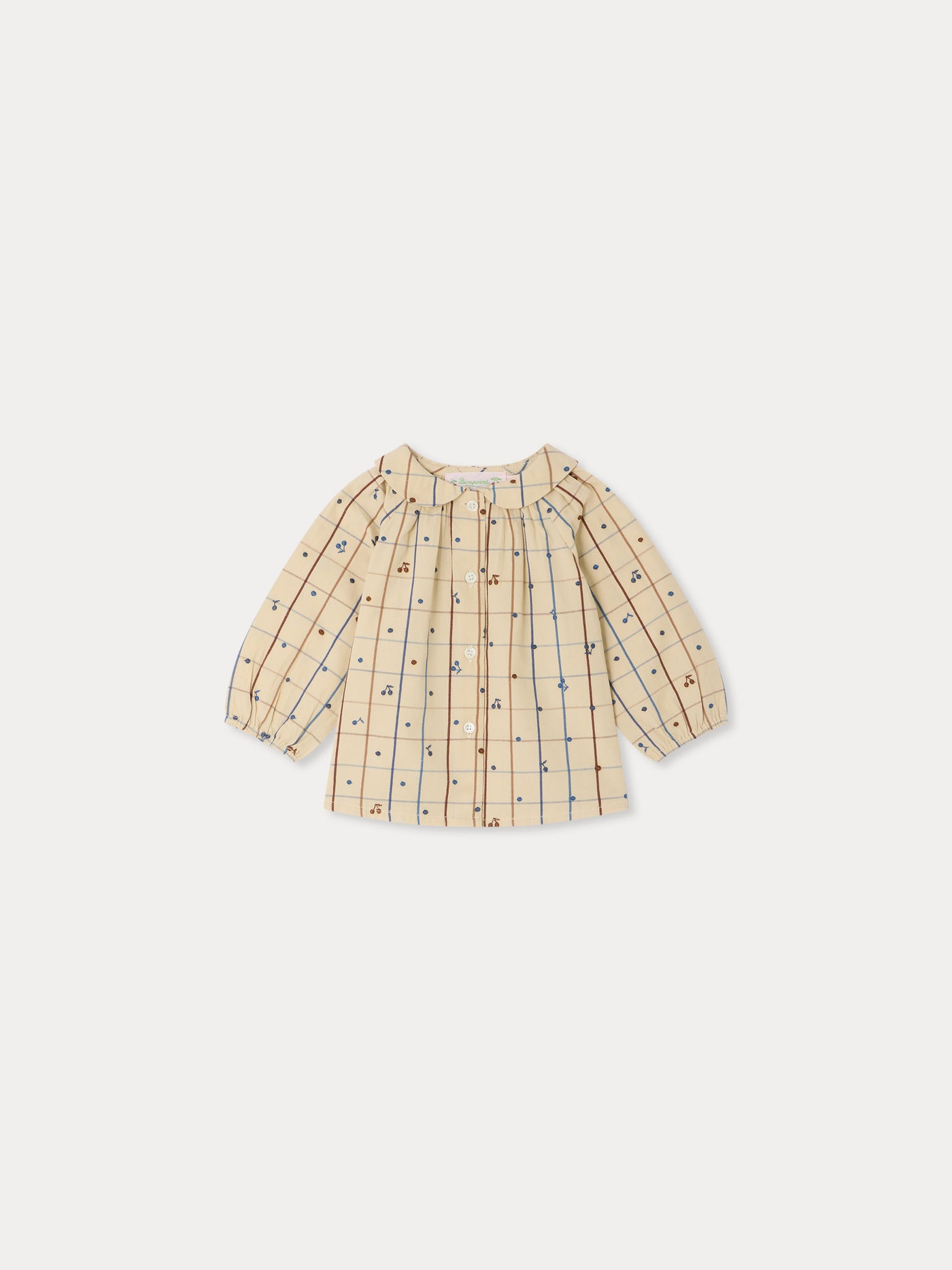 Domino baby blouse with Peter Pan collar and hand-embroidered cherries in organic cotton