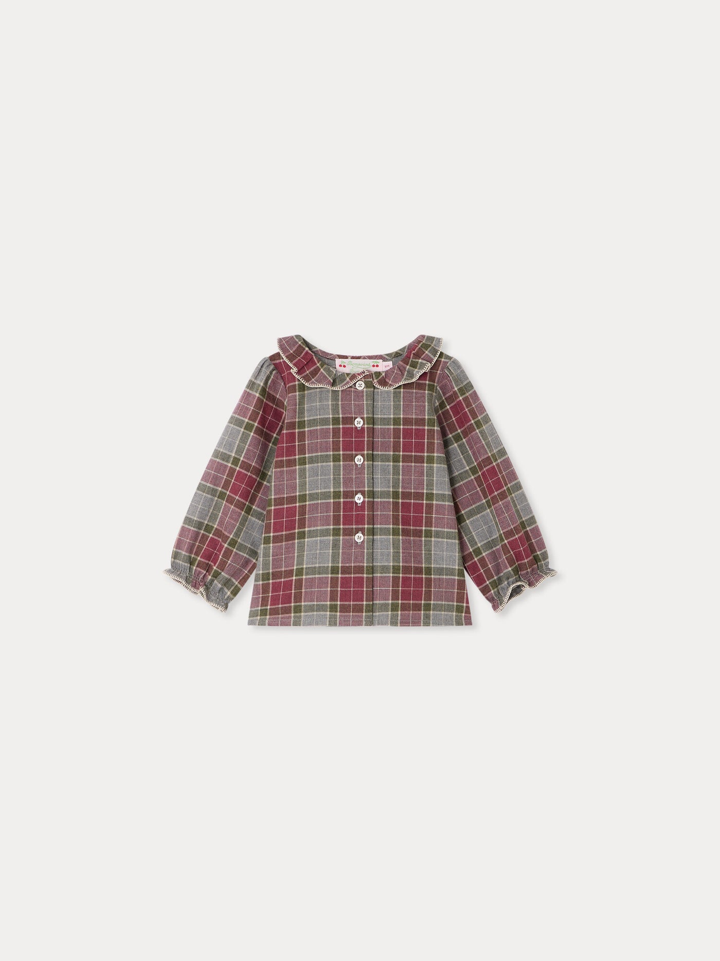 Jojoba baby blouse with hand-embroidered collar and multicoloured check