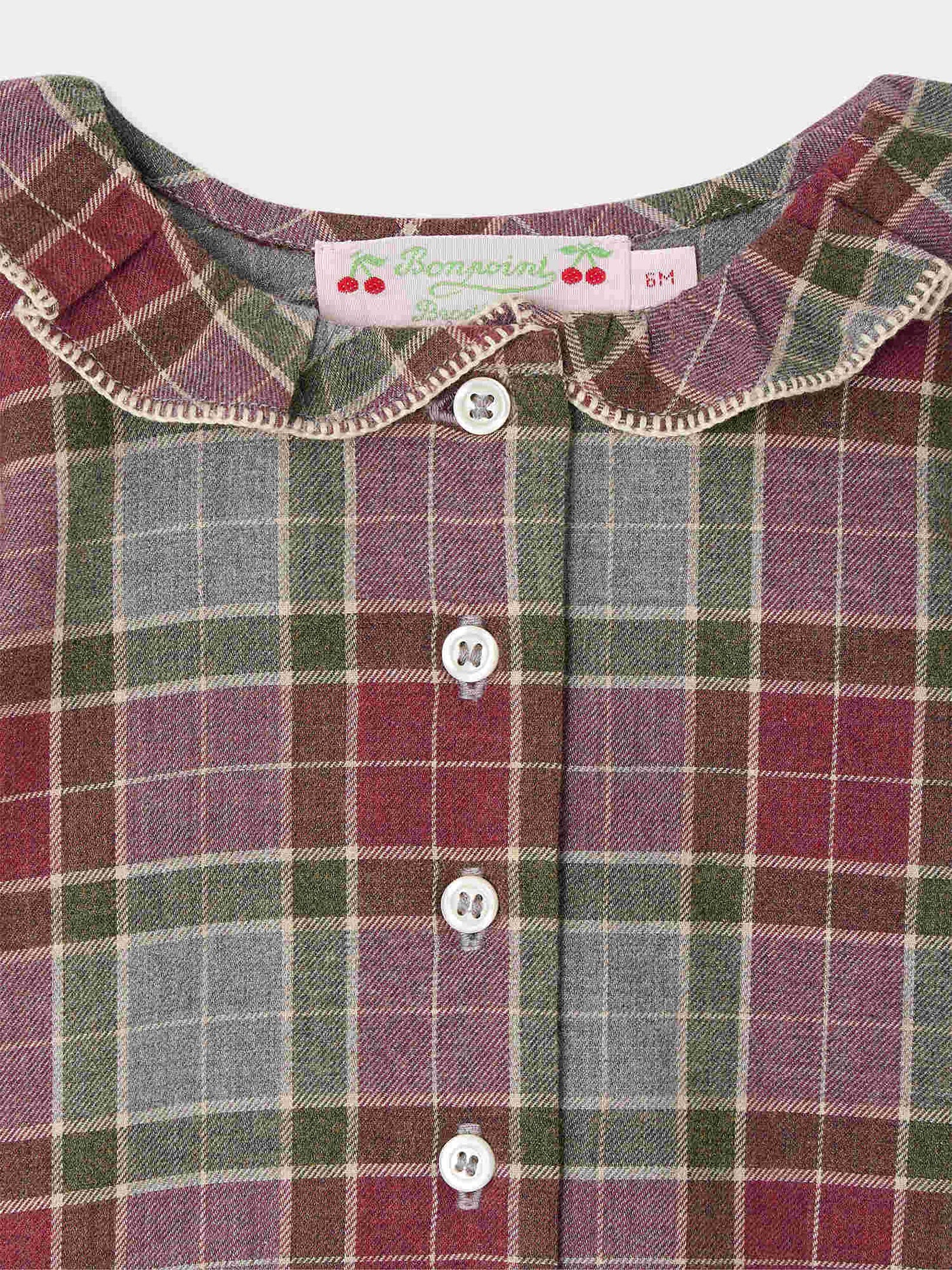 Jojoba baby blouse with hand-embroidered collar and multicoloured check