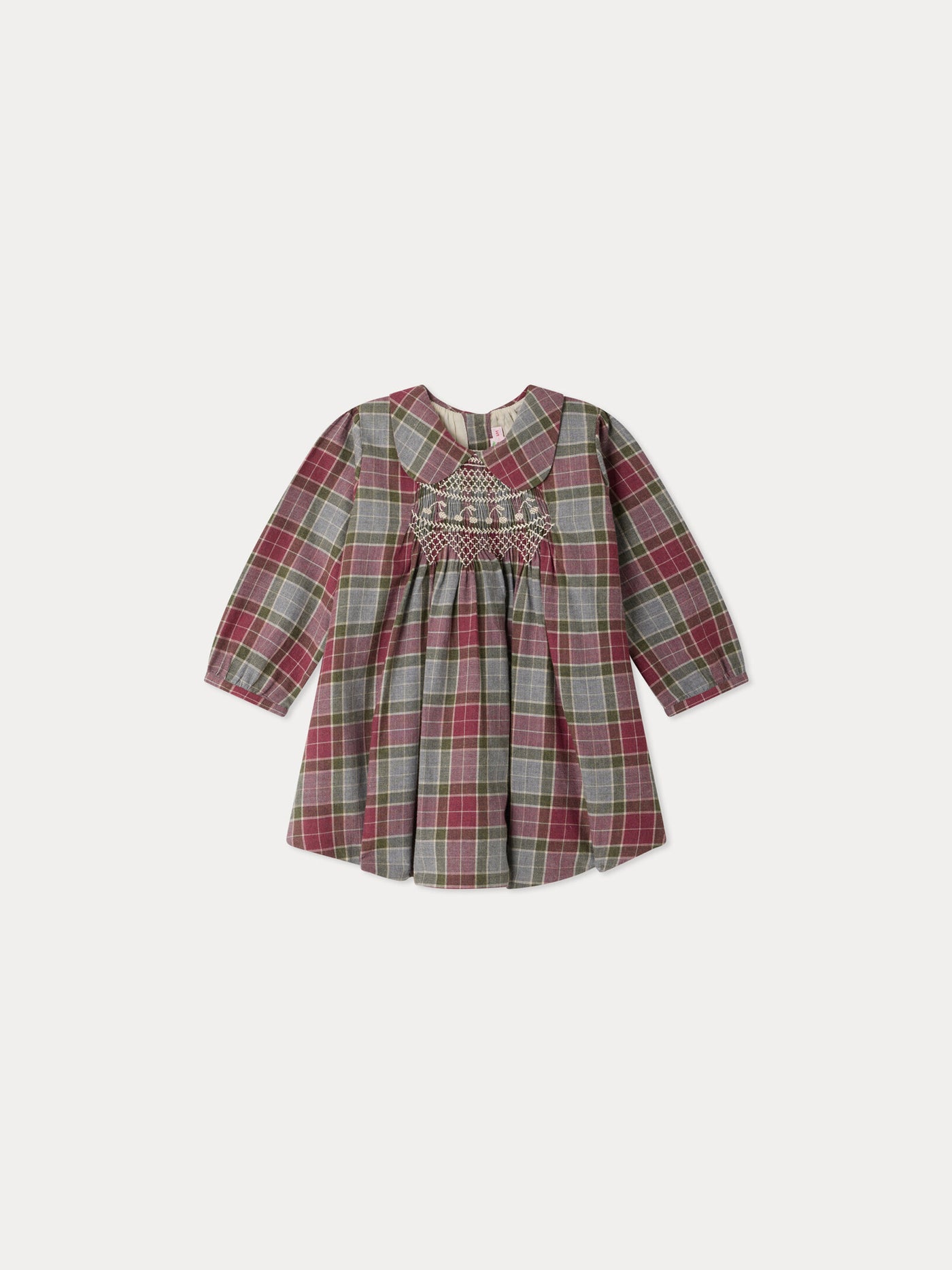 Mauve baby dress checked with Peter Pan collar smocking and hand embroidery