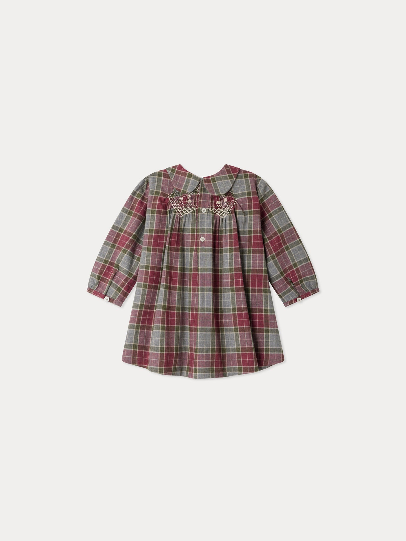 Mauve baby dress checked with Peter Pan collar smocking and hand embroidery