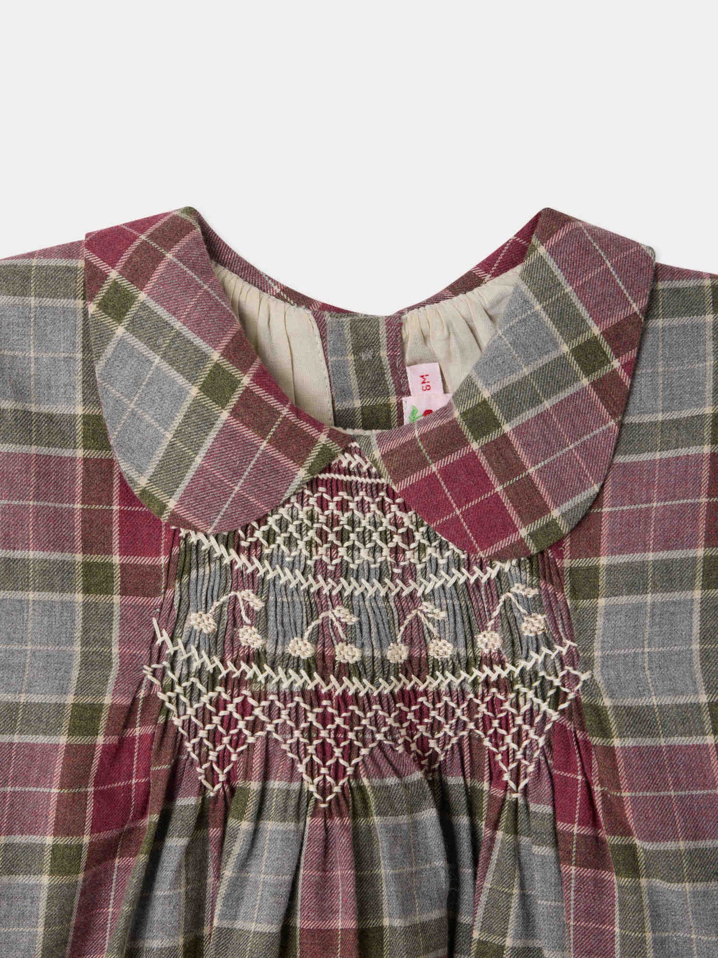 Mauve baby dress checked with Peter Pan collar smocking and hand embroidery