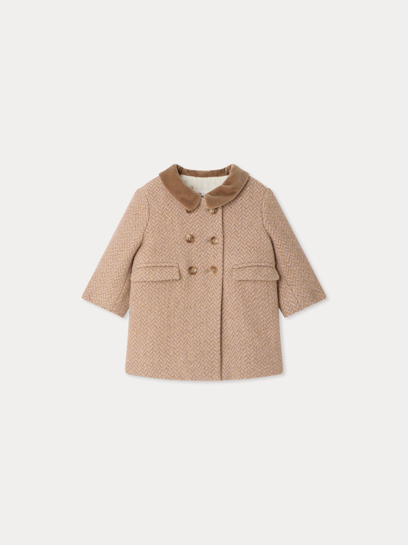 Mocha baby coat with velvet collar and padded lining