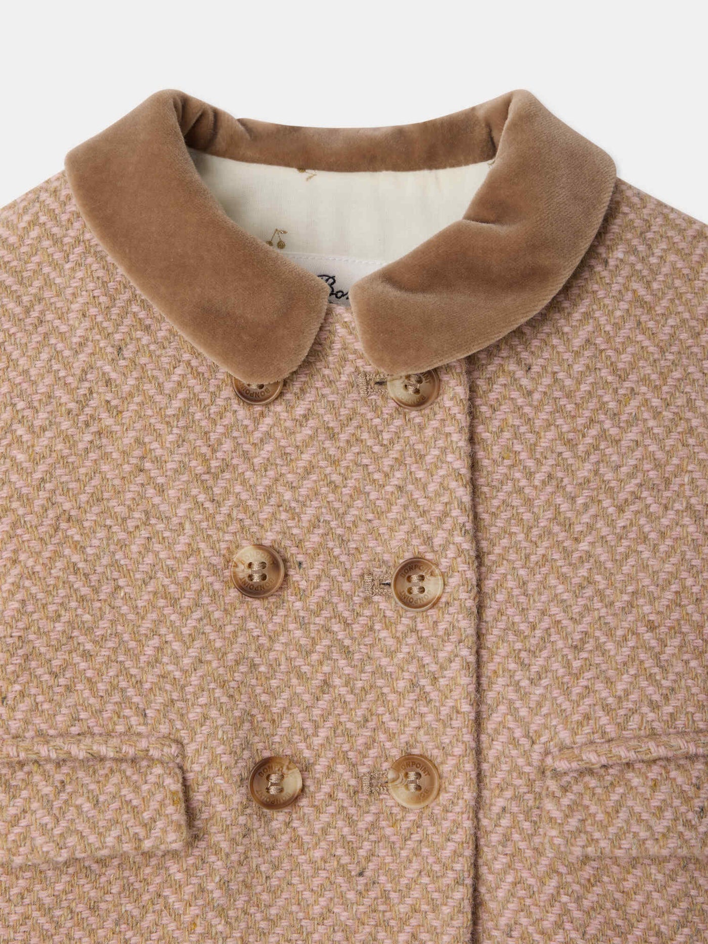 Mocha baby coat with velvet collar and padded lining